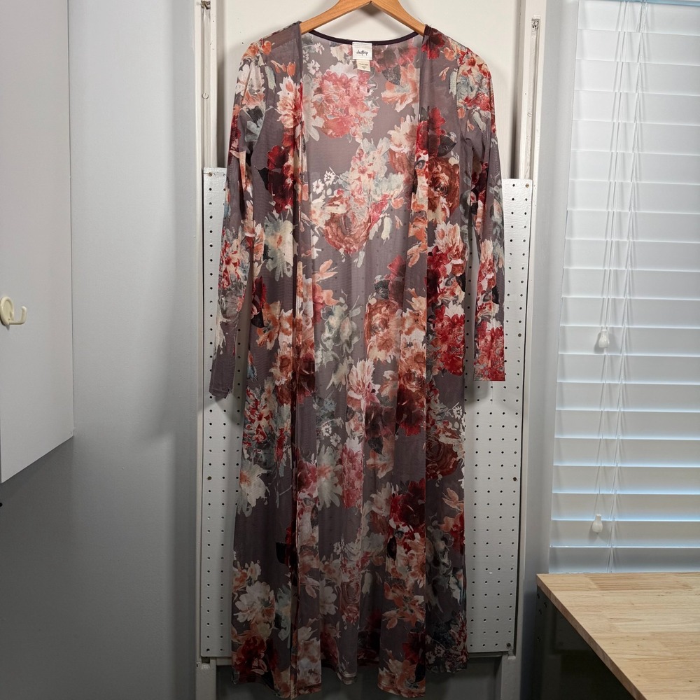Daytrip Maxi Cardigan Women's Brown Floral Long Sleeve Kimono Duster - Medium‎